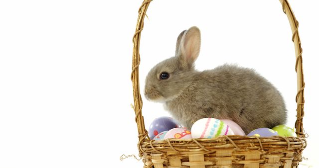 A cute gray bunny sits beside a basket filled with colorful Easter eggs, with copy space. The image evokes the festive spirit of Easter and symbolizes springtime celebrations.