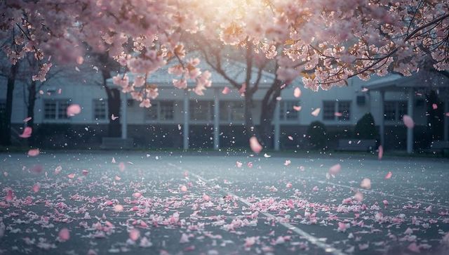 Drifting cherry blossom petals over tranquil school courtyard