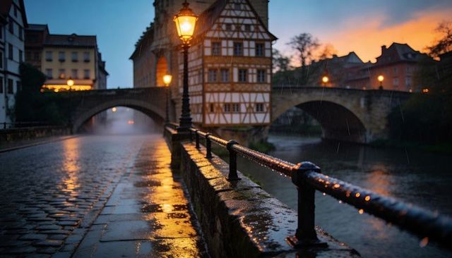 Glistening railing leading to half-timbered house on bridge at rainy dusk