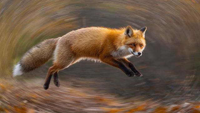 Leaping red fox bounding through autumn woodland with swirling blur and white tail tip
