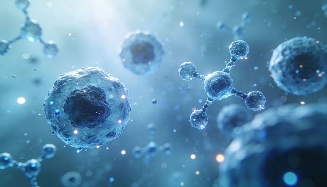 Glowing Cyan Cellular Network and Molecular Structures Floating in Microscopic Fluid