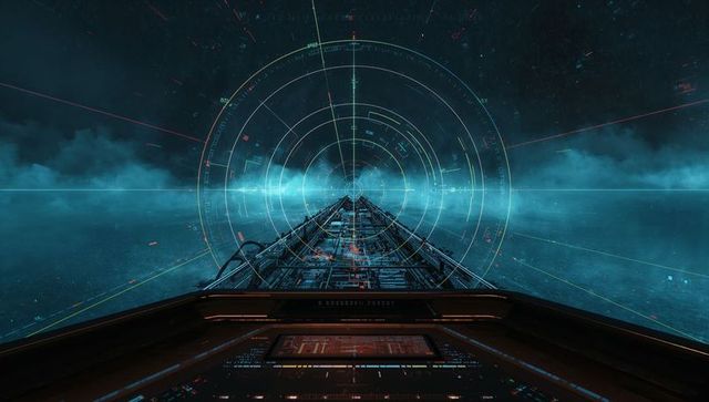 Scanning corridor toward stellar horizon through futuristic spacecraft hud and console