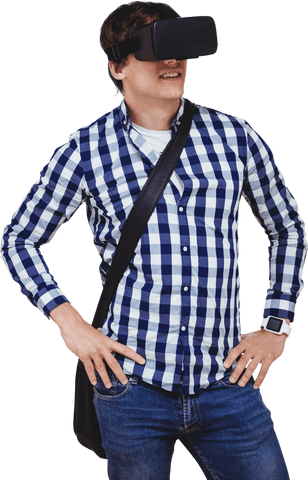 Young Man in Checkered Shirt Wearing VR Headset with Transparent Background