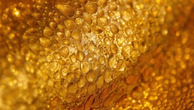 Golden droplets on reflective surface creating honeycomb pattern