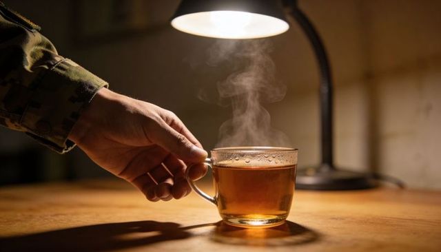 Grasping hand in camouflage sleeve lifting steaming glass cup under warm desk lamp