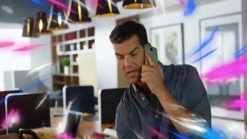 Professional Man Engaging on Smartphone with Digital Streaks in Modern Office