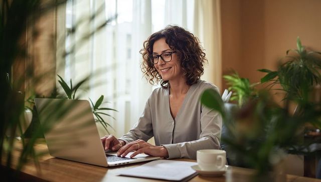 Smiling woman working from home with laptop and plants in bright cozy workspace