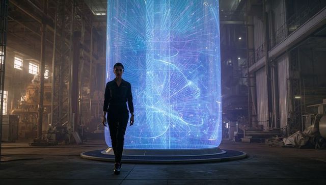 Technician walking past giant holographic data cylinder in industrial hangar