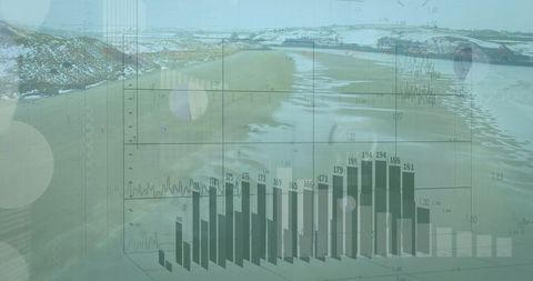 3D Bar Chart Overlay on Windswept Shoreline with Analytical Elements