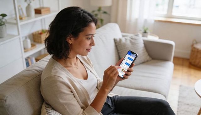 Young woman scrolling smartphone on sunlit couch, relaxed home messaging lifestyle