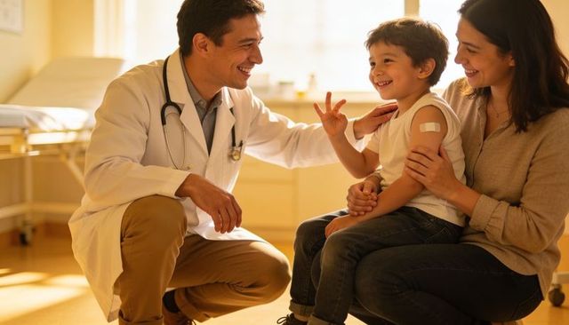 Smiling pediatrician comforting child after vaccination during clinic visit with mother