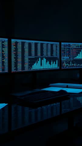 Updating Live Data Feeds on Triple Monitors at Dark Desk Vertical Video for Finance and Tech