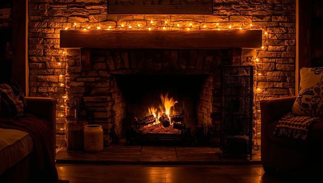 Glowing stone fireplace casting warm amber light with string lights and rustic mantel