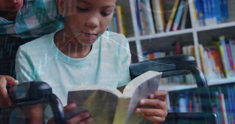 Animation Illustrating Reading Student with Graphs in Library