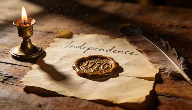 Rustic independence manuscript with 1776 wax seal on aged parchment and feather quill