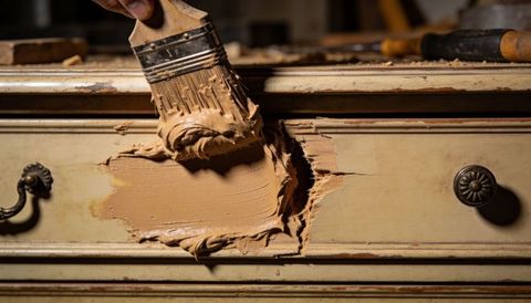 Applying tan wood filler with brush to repair gouged vintage drawer during restoration