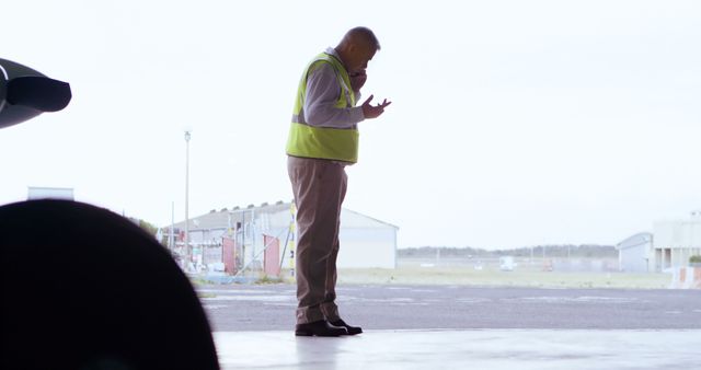 Airport Worker Communicating on Radio at Maintenance Area - Download Free Stock Images Pikwizard.com