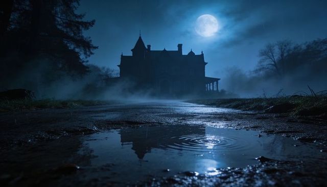 Moonlit gothic mansion silhouette on misty drive with puddle reflection and full moon