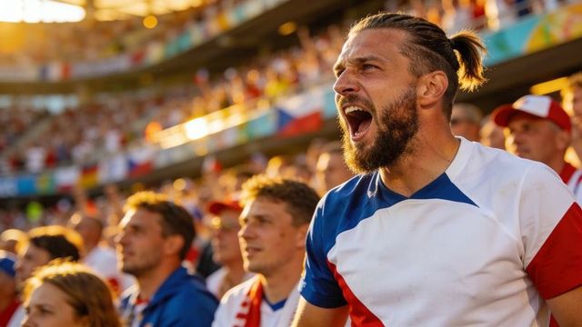 Shouting bearded fan with topknot in colorful stadium cheering during soccer match
