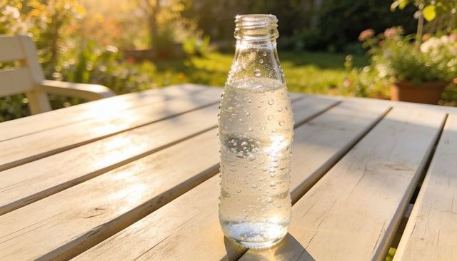 Sparkling water in clear glass bottle on sunlit wooden table in garden at golden hour