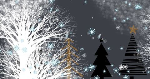 Snowflakes Fall on Stylized Christmas Trees Under Moonlit Sky