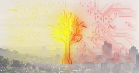 Silicon Tree Embracing Urban Skyline with Circuitry Pattern