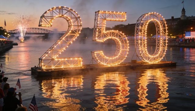 Golden 250 floating numerals on barge with fireworks, reflections, flag-waving crowd