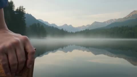 Releasing Canoe Grip on Wooden Rail while Gliding through Misty Mountain Lake at Dawn