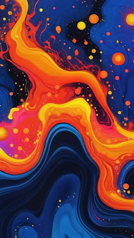 Vertical Fluid Art Video Vibrant Orange Ribbons Cascading Over Deep Blue Swirls