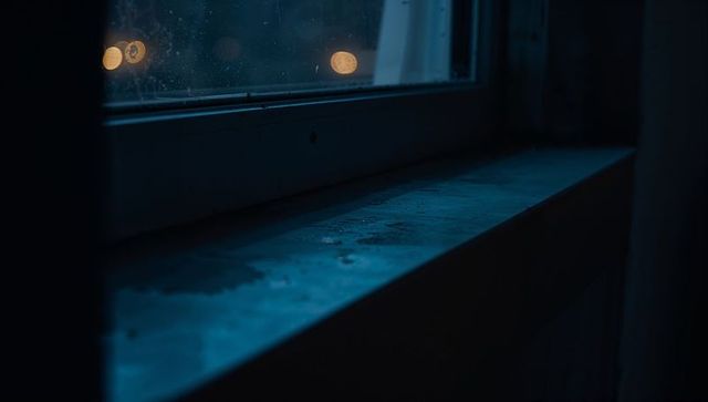 Painted windowsill showing water stains, wet glass and warm bokeh lights at night