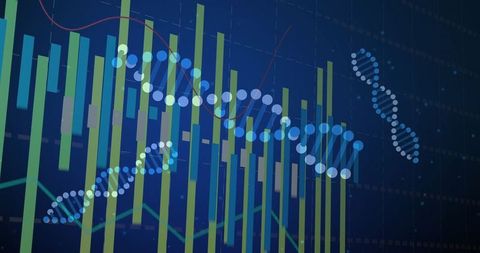 DNA Helix in Futuristic Data Visualization with Bar and Line Graphs