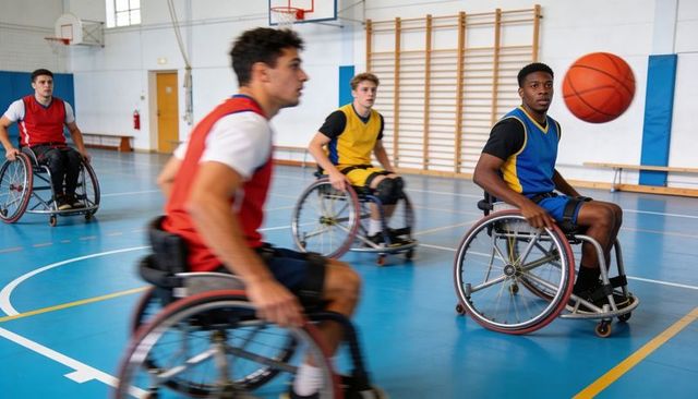 Wheelchair basketball players competing on indoor court showing competitive speed and teamwork