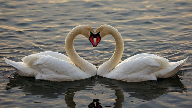 Pair of swans forming heart shape on calm lake at golden hour romantic wildlife moment