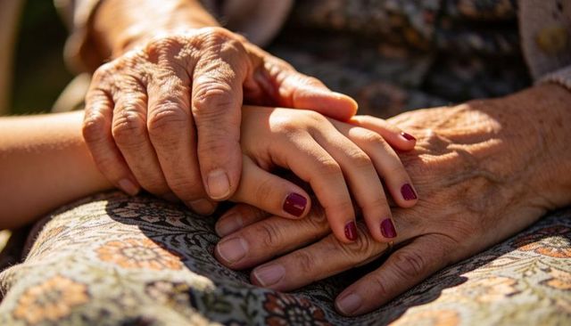 Elder hands holding younger woman's hands with red nail polish, conveying warmth and bond
