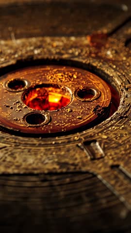 Vertical zooming close-up revealing molten core in metal testing plate with glowing flakes