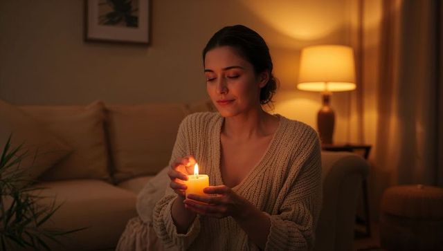 Young woman lighting candle in cozy living room relaxing evening warmth and calm
