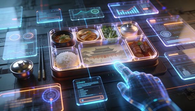 Robotic hand selecting rice on holographic hud over futuristic metal bento tray with neon interface