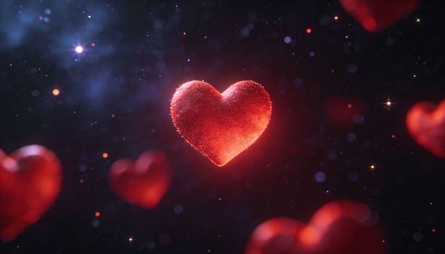 Glowing floating red heart in cosmic bokeh, 3d textured glitter heart for valentine