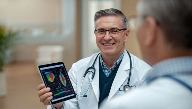 Smiling senior physician holding tablet showing cardiac scan during patient consultation