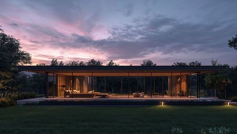 Glowing modern glass pavilion at dusk with warm interior lighting and reflective pool