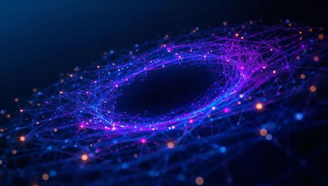 Rotating neon torus network glowing with digital nodes and swirling data mesh