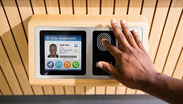 Modern wooden biometric fingerprint access kiosk with id display and touchscreen interface