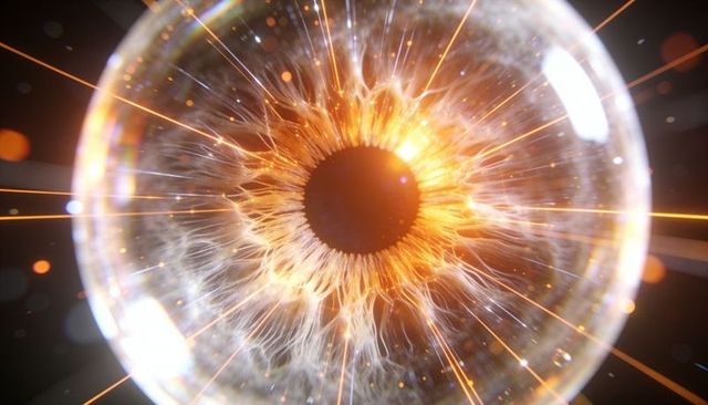 Surreal golden iris orb with radiant filaments, glassy cornea and luminous pupil close-up