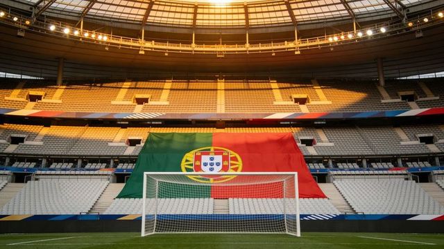 Portuguese flag draping behind football goal in empty stadium under golden floodlights