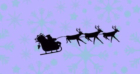 Santa Claus and Reindeer Flight on Lavender Snowflake Background