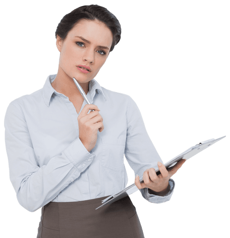 Contemplative Businesswoman Holding Clipboard on Transparent Background