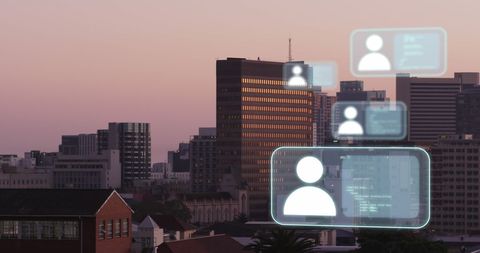 Digital data processing over city skyline at sunset