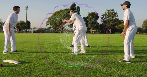 Cricket fielders reaching for catch showcasing teamwork with wireframe overlay on green outfield