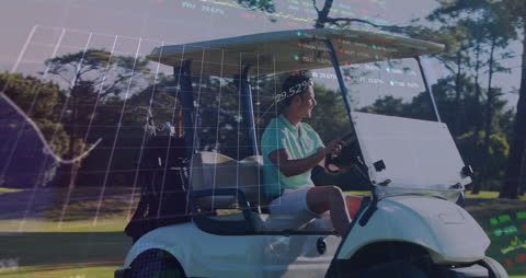 Golf Player in Cart with Stock Market Graph Overlay