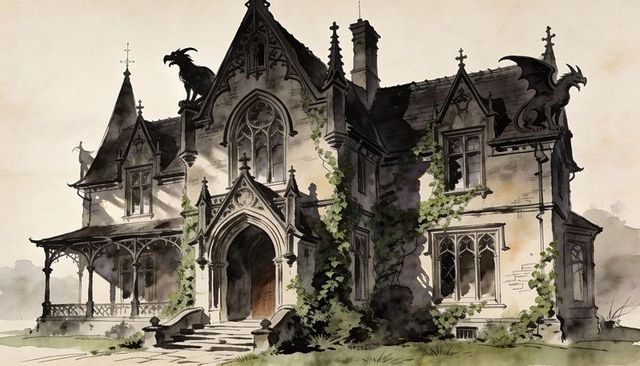Gothic mansion looming over rural approach featuring gargoyles, arched entrance, ivy